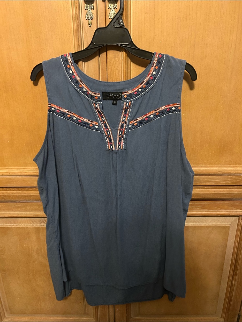 Sleeveless Embroidered Yoke Tank Top - Blue